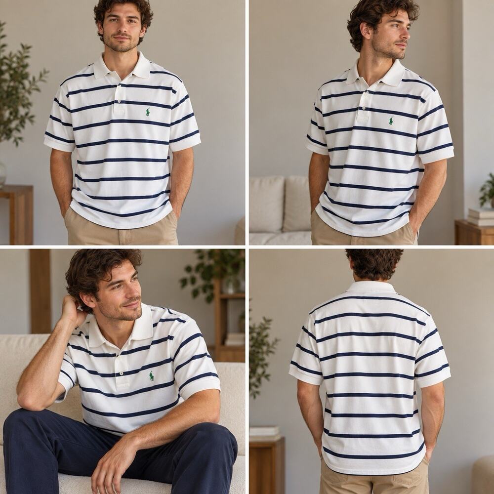 Polo by Ralph Lauren Men’s XL White Navy Stripe Polo Green Pony Hong Kong
